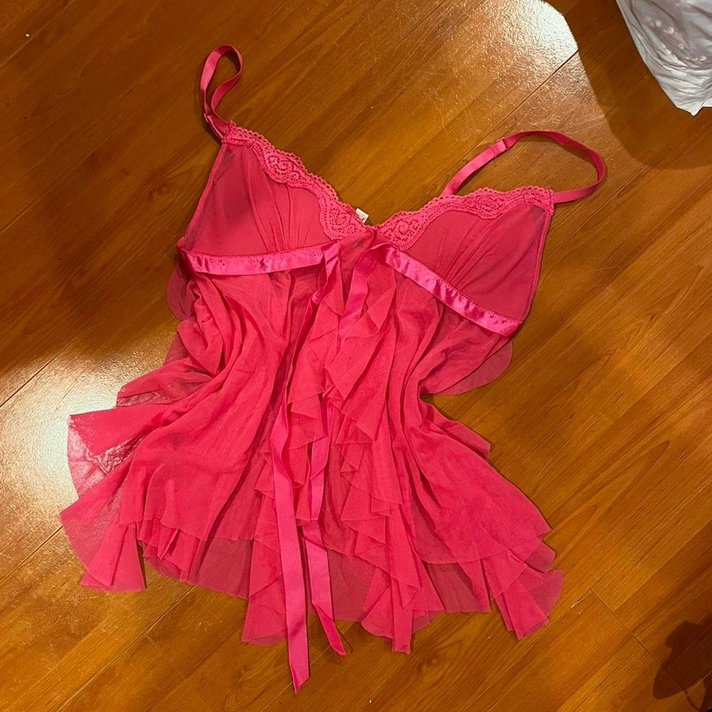 Victoria’s Secret Hot Pink Ruffle Frill Ribbon deep V neck slip cami tank Top